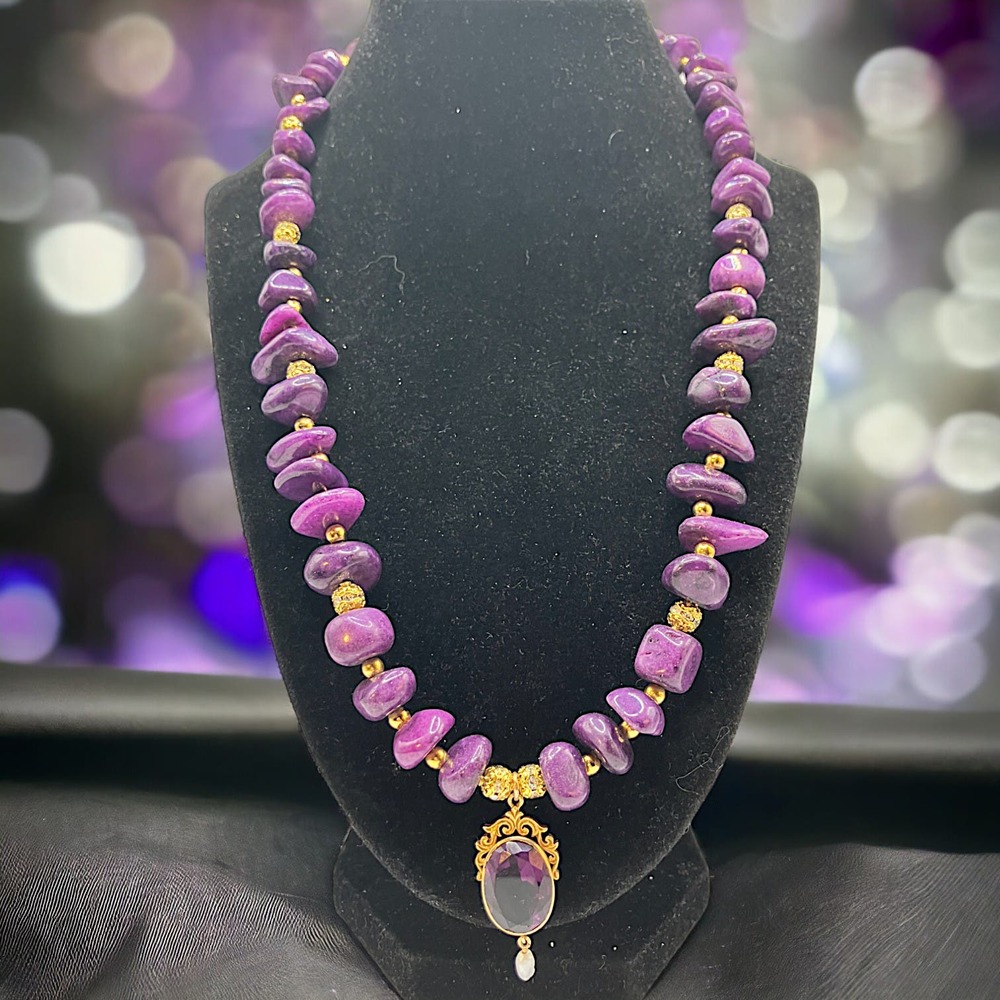 Purple Crystal Pendant Resin Stone Chips & Gold-Tone Filigree Beaded Necklace!